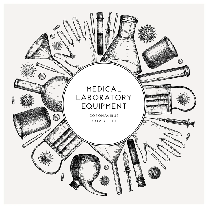 Virus testing laboratory equipment wreath. Coronavirus hand drawn design template. COVID-19 flyer. Vector banner with laboratory equipment, medicinal, protection tools, viruses drawings